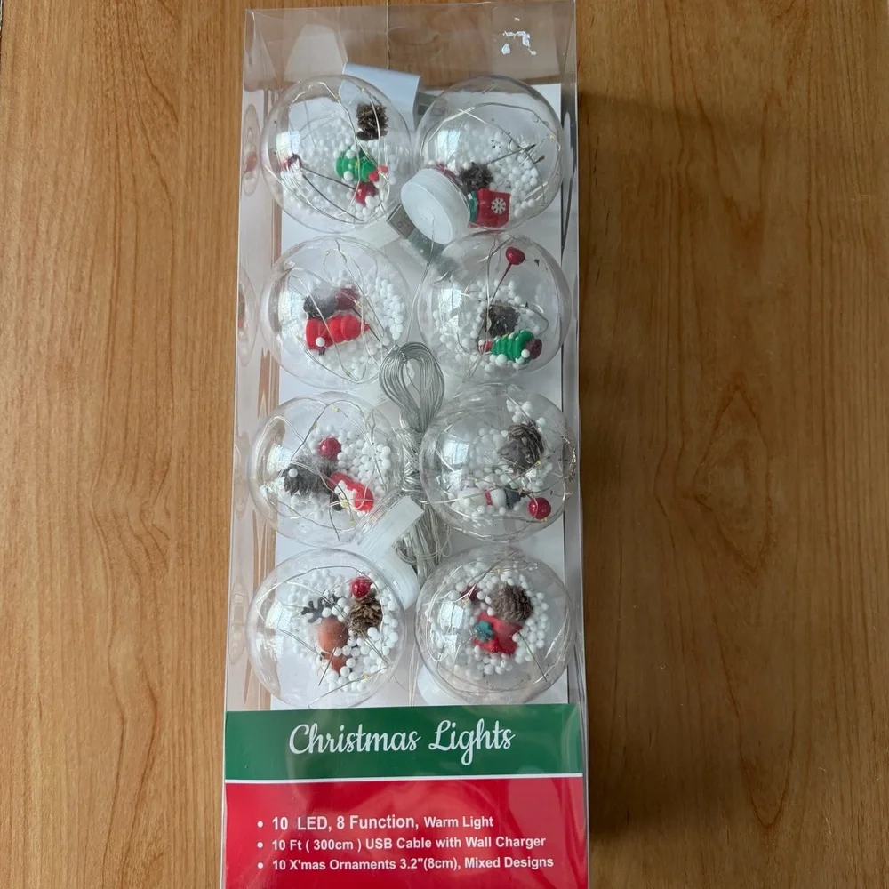 10 Foot Christmas Snowglobe LED String Lights 8 Function Warm Light USB Cable